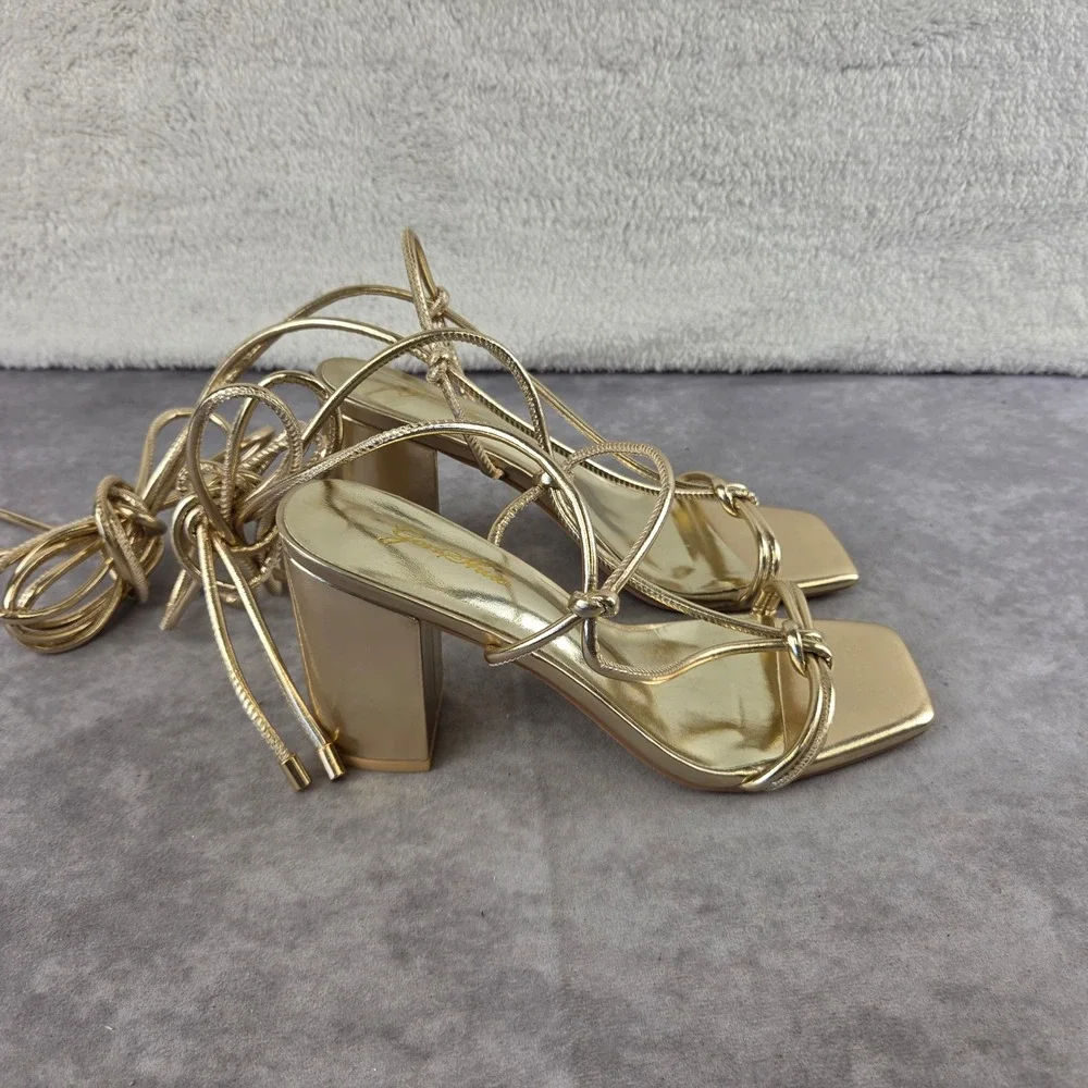 Gold Metallic Lace Up Block Heel Sandals Square Toe Strappy Ankle Tie GSS611